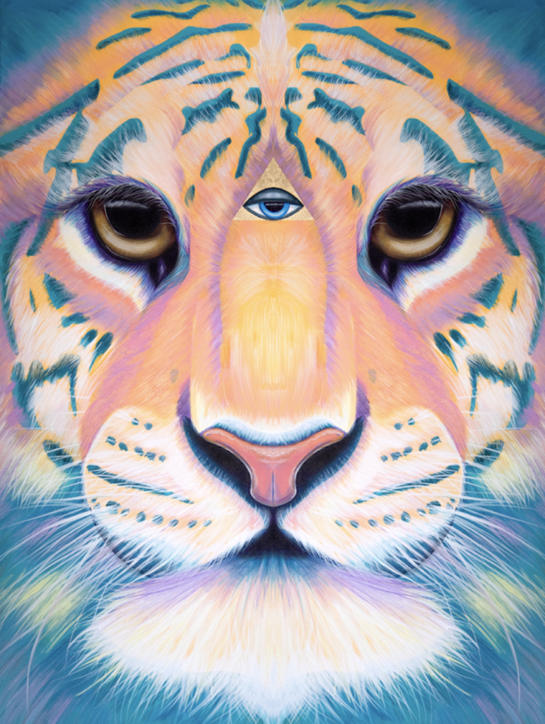Ethereal Animalize painting of a tiger with a third eye